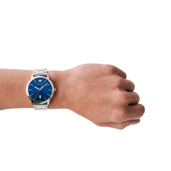 Emporio Armani Ruggero AR11311 mens watch with a blue dial and steel bracelet styled on a wrist