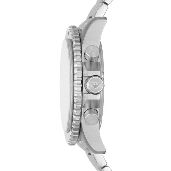 Side profile view of the Emporio Armani Diver AR11360 watch case showing the coin-edge bezel, textured crown guard, and dual chronograph pushers