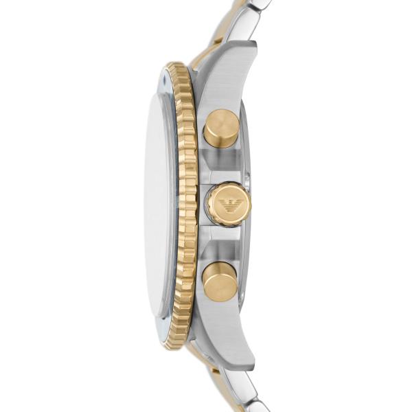 Side profile shot of the Emporio Armani Diver AR11362 watch highlighting the gold-tone crown and pushers