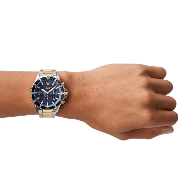 Emporio Armani Diver AR11362 mens quartz timepiece featuring a blue dial styled on a wrist