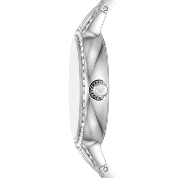 Stainless steel watch case with crystal-accent bezel and crown detail, side view
