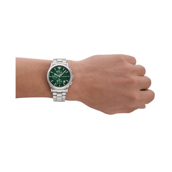 Men's green dial chronograph watch worn on wrist with silver metal bracelet