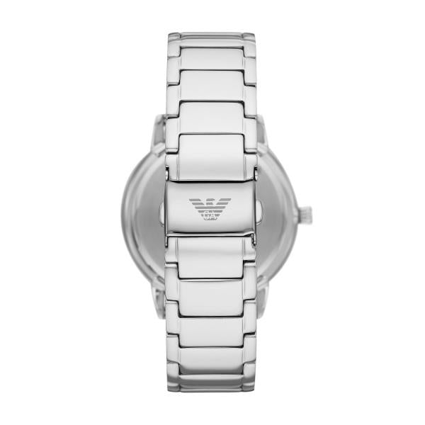 Men's steel quartz watch back view with logo on metal bracelet.