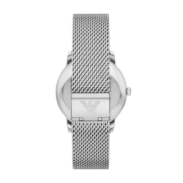 Men's Emporio Armani quartz watch with steel mesh band and clasp logo plate