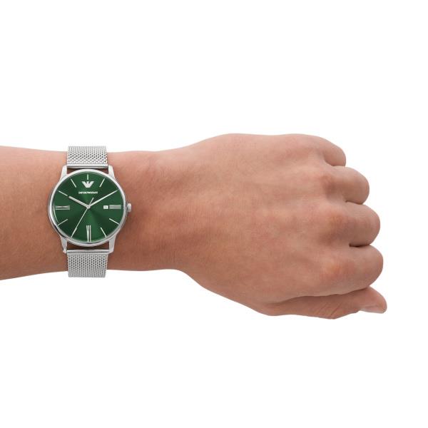 Men's Emporio Armani green dial quartz watch on wrist with steel mesh band