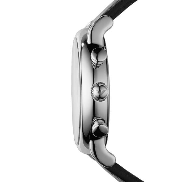 Men's chronograph watch, polished stainless case and black leather strap