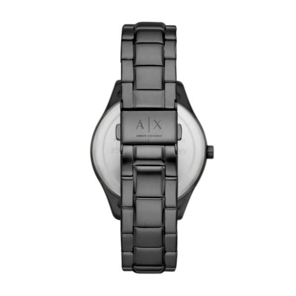 Men's black chronograph quartz watch front view with A|X logo on black dial