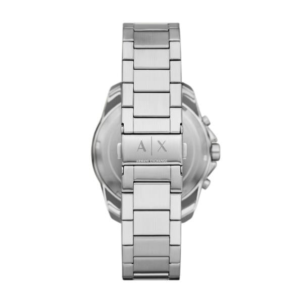 Stainless steel chronograph watch with metal bracelet and A/X logo on clasp