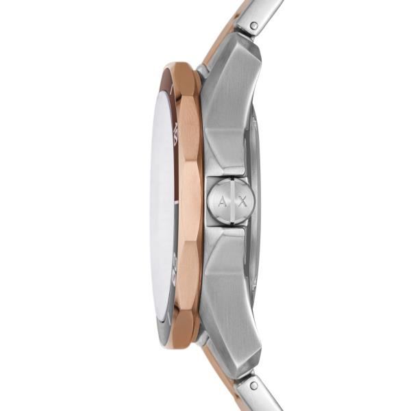 Men's steel quartz watch, black dial and rose-gold/silver bracelet, side profile.