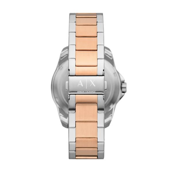 Men's steel quartz watch with black dial and rose-gold center links, front view.