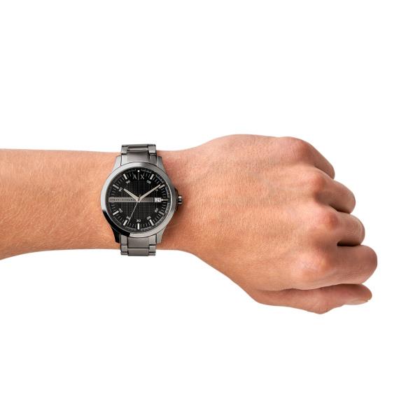 Armani Exchange Hampton AX2103 lifestyle wrist shot featuring mens black dial watch with a steel bracelet