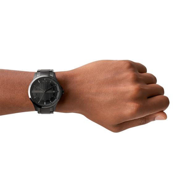 Armani Exchange Hampton AX2104 lifestyle wrist shot displaying mens black dial watch on the wrist