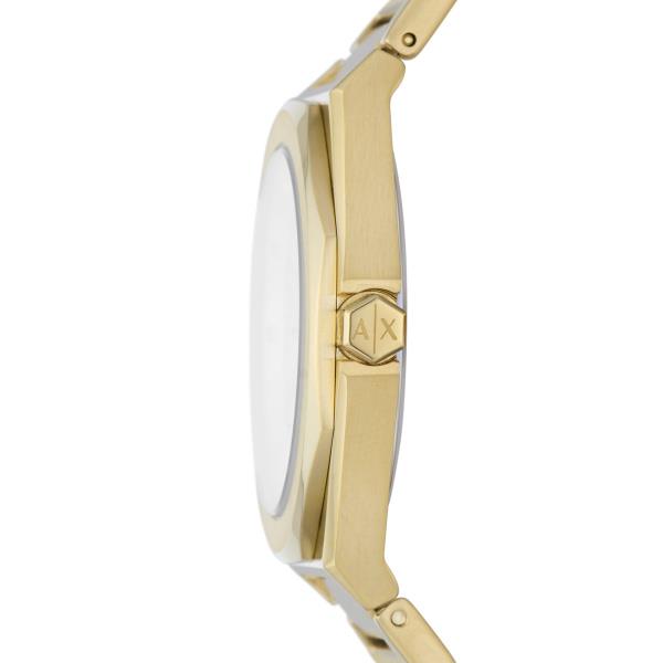 Gold-tone steel quartz watch with polished case and link bracelet, side profile