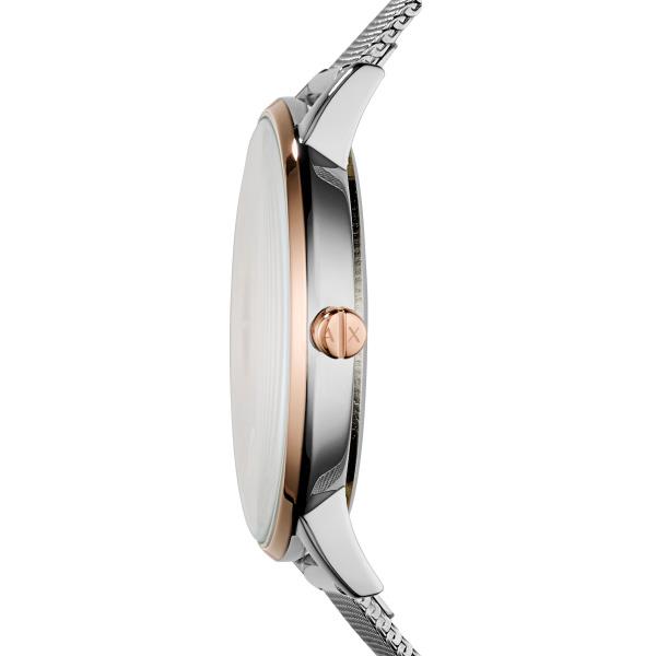 Ladies quartz watch side profile with steel bracelet and rose-gold bezel, Armani Exchange