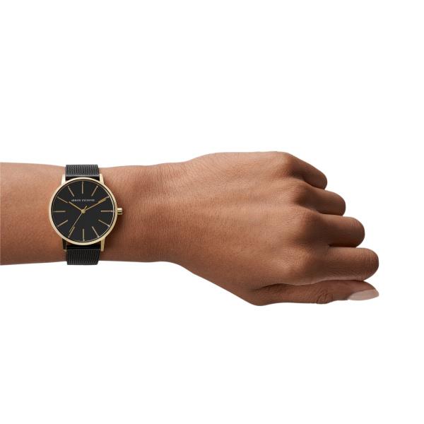 Armani Exchange Lola AX5548 lifestyle shot featuring 36mm black dial ladies quartz watch worn on wrist