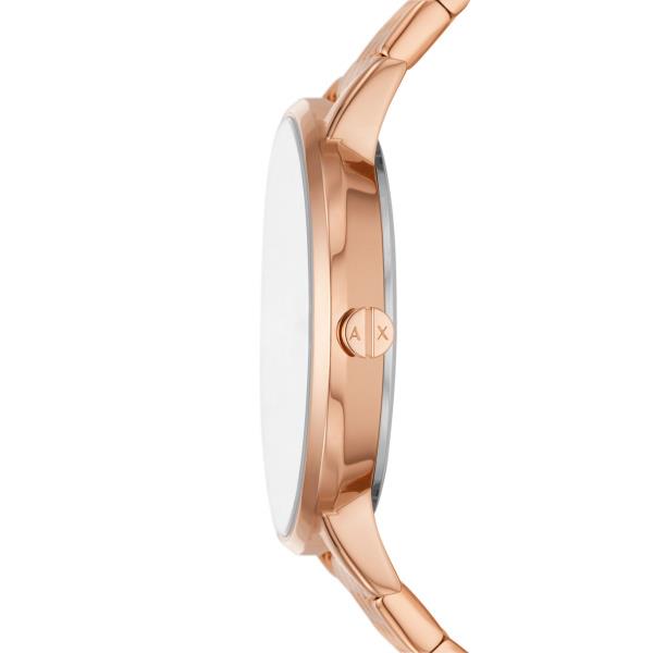 Armani Exchange ladies quartz watch with rose-gold bracelet and white dial