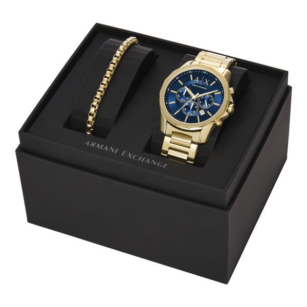 Armani Exchange Banks AX7151SET gift box packaging view featuring mens blue dial watch with a steel bracelet set