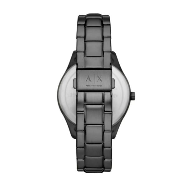 Black dial chronograph watch with steel bracelet, AX logo on face