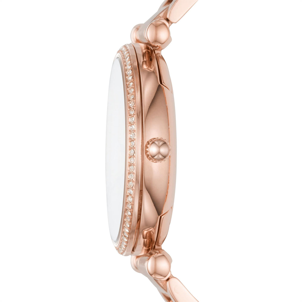 Fossil Carlie ES4301 side profile view displaying thin case profile, crown, and crystal embellishments