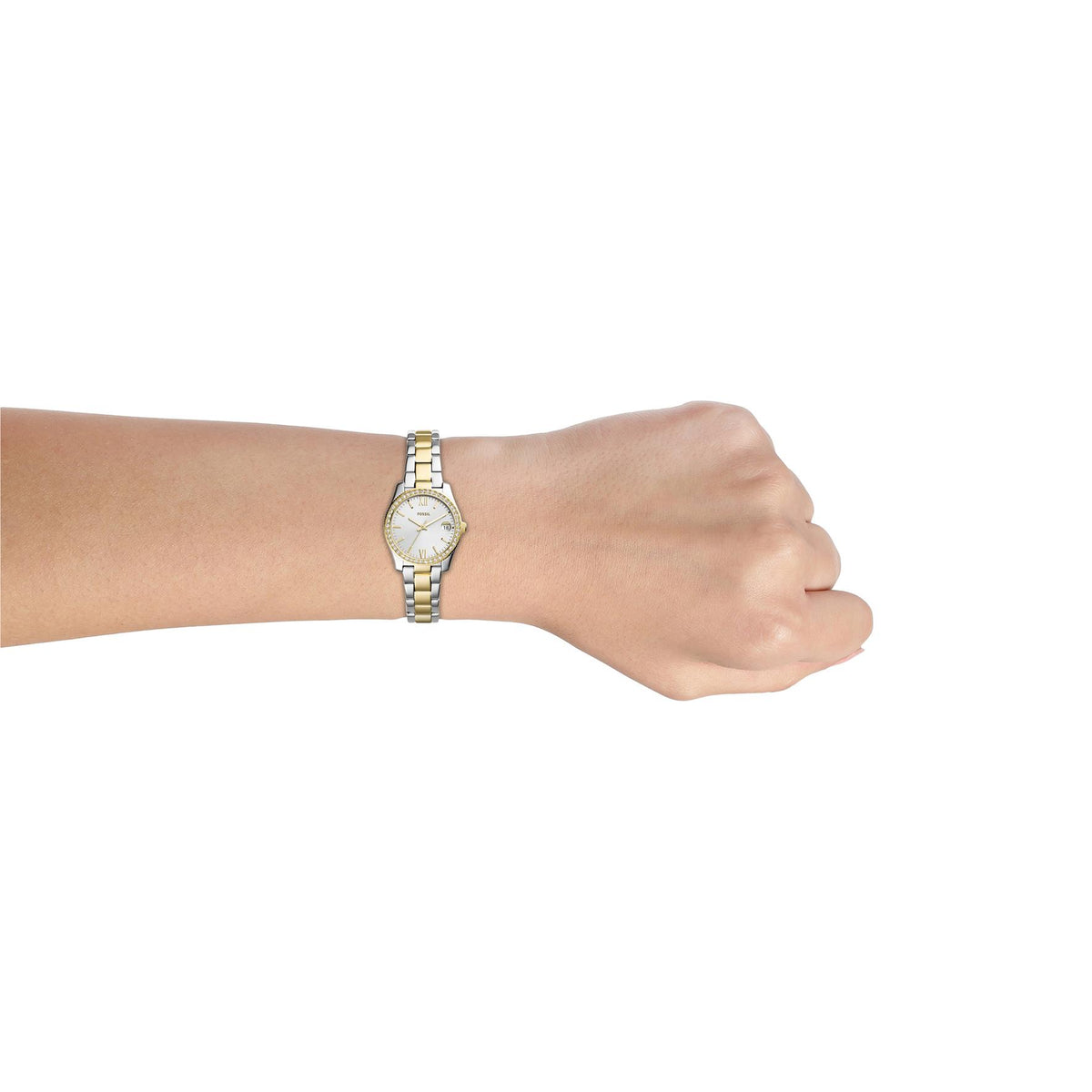On-wrist perspective of the Fossil Scarlette ES4319 watch showcasing the gold dial and crystal-embellished bezel on a metallic band