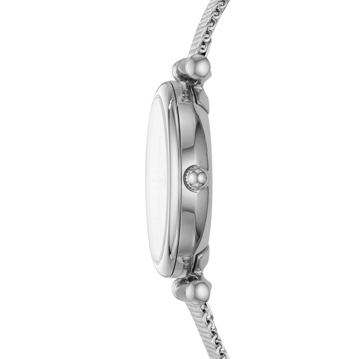 Fossil ladies quartz watch side view with polished steel case and mesh strap