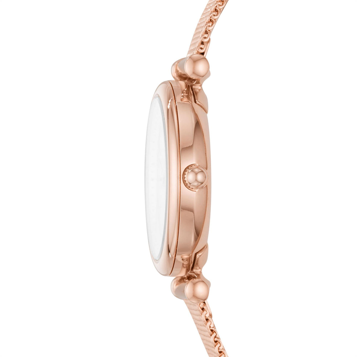 Rose gold Fossil watch case and crown with link bracelet, white dial visible