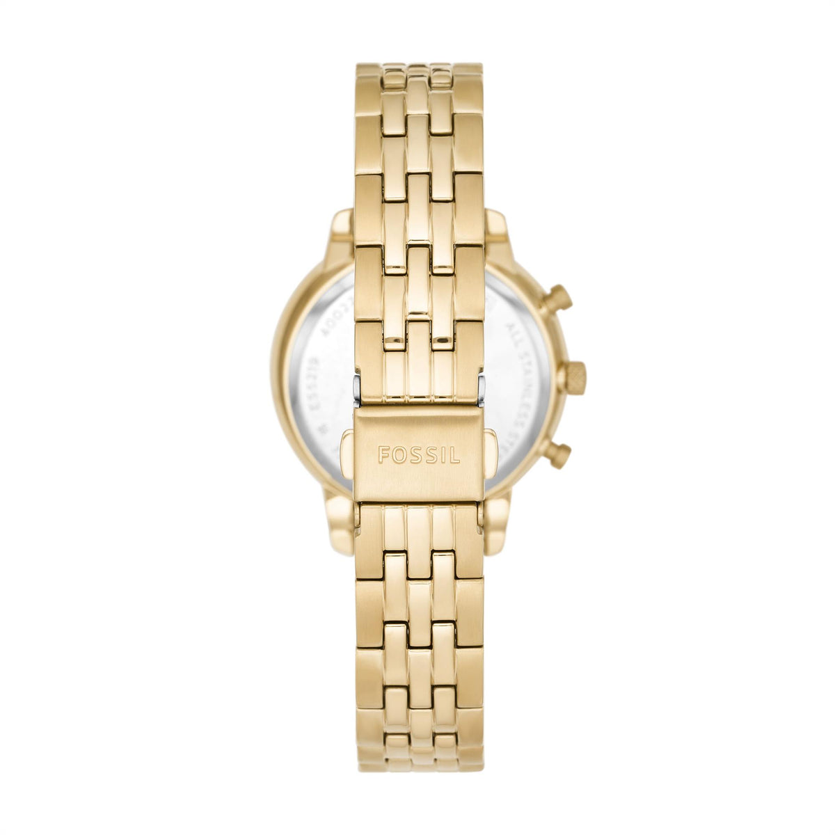 Gold-tone steel watch with bracelet, case back showing FOSSIL text and side pushers