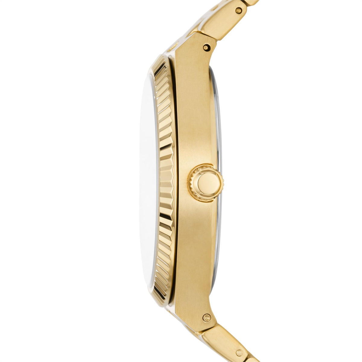 Gold-tone stainless steel watch case side profile with crown and textured edge