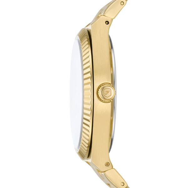 Fossil quartz watch case side in gold-tone steel with ridged crown and logo