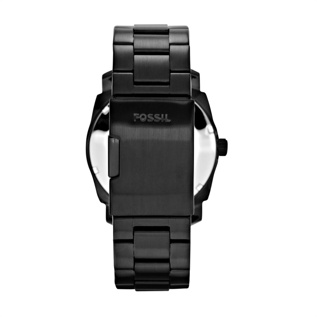Men's black quartz wristwatch with black dial and black steel link bracelet, 42mm