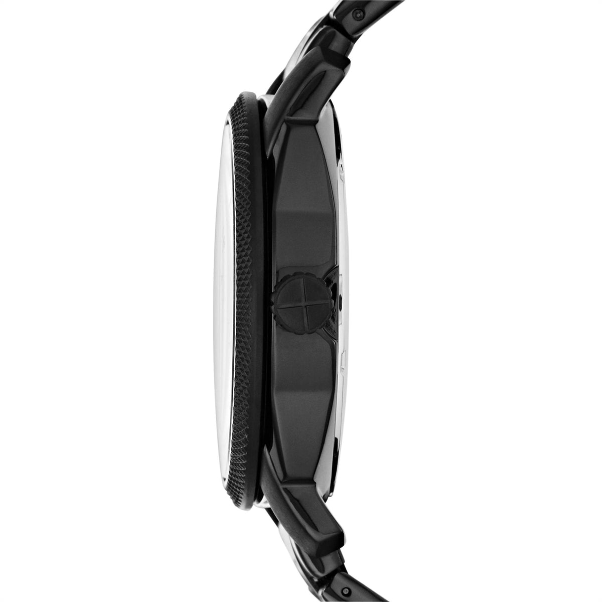 Men's black steel quartz watch, side view with textured crown and black dial