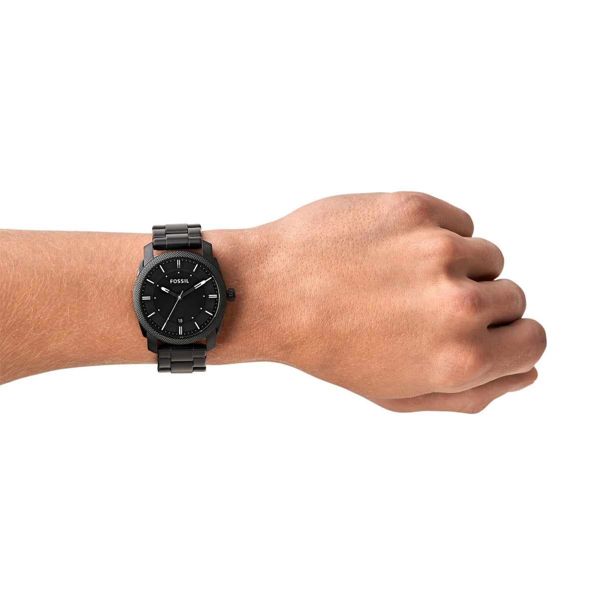 Men's black quartz wristwatch on wrist with black dial and steel link bracelet