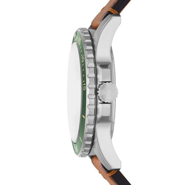 Men's dive watch side view, green bezel and brown leather strap with crown