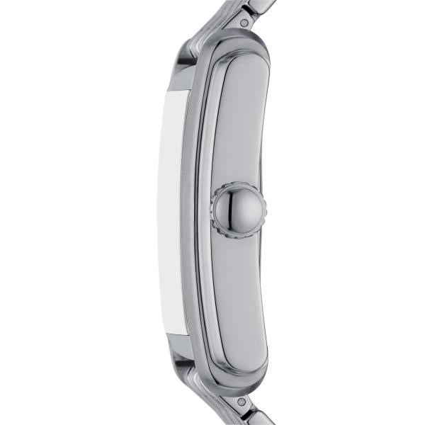 Men's silver steel quartz watch side view with crown detail and bracelet links