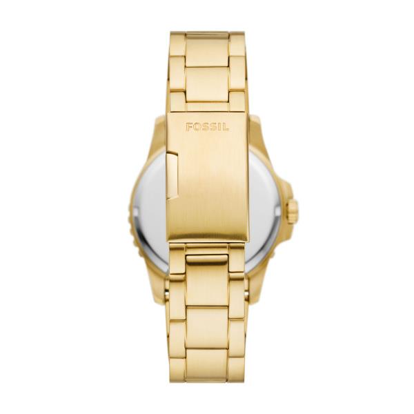Gold steel men's wristwatch with dial details and bracelet clasp, side view