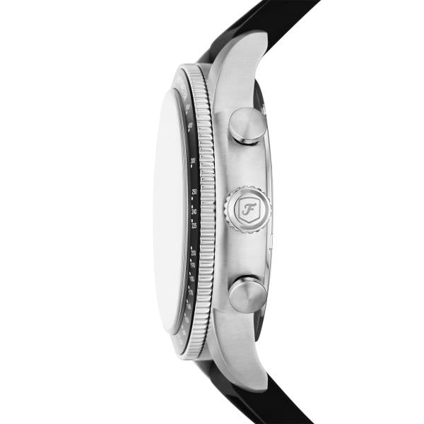 Men's chronograph watch, stainless-steel case side with black silicone strap.