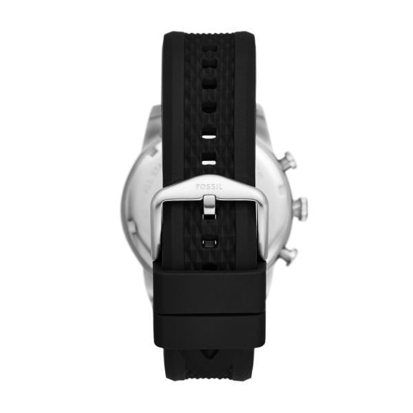 Men's chronograph watch back, black silicone band with caseback and pushers.