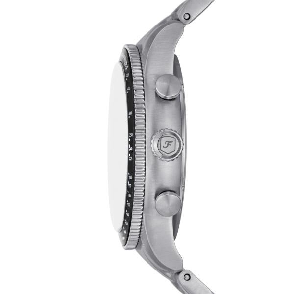 Stainless steel chronograph watch with black dial, side view of case and pushers
