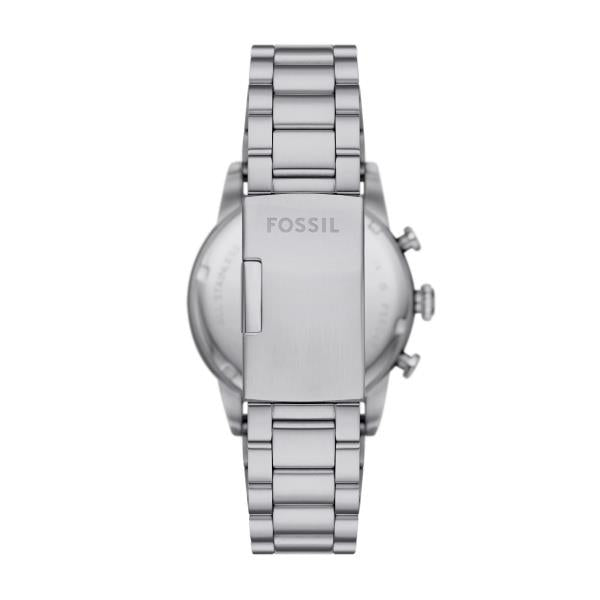 Stainless steel quartz chronograph watch on bracelet, front view with crown and pushers