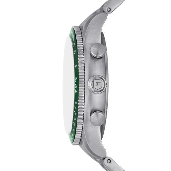 Steel chronograph watch with green dial and metal bracelet, side profile view