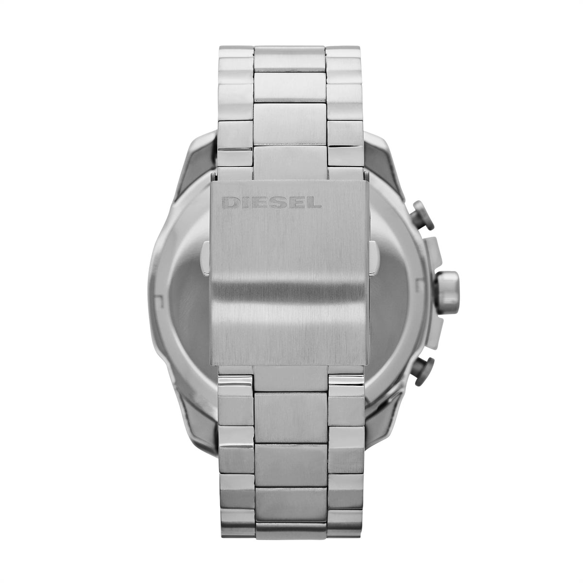 Stainless steel chronograph watch case back with DIESEL logo and metal bracelet