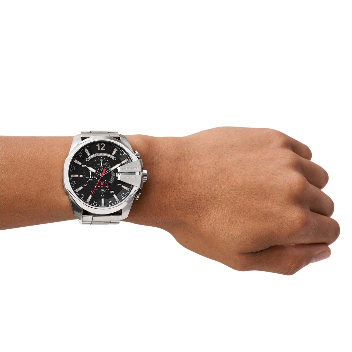 Mens stainless steel chronograph watch with black dial and three subdials on wrist