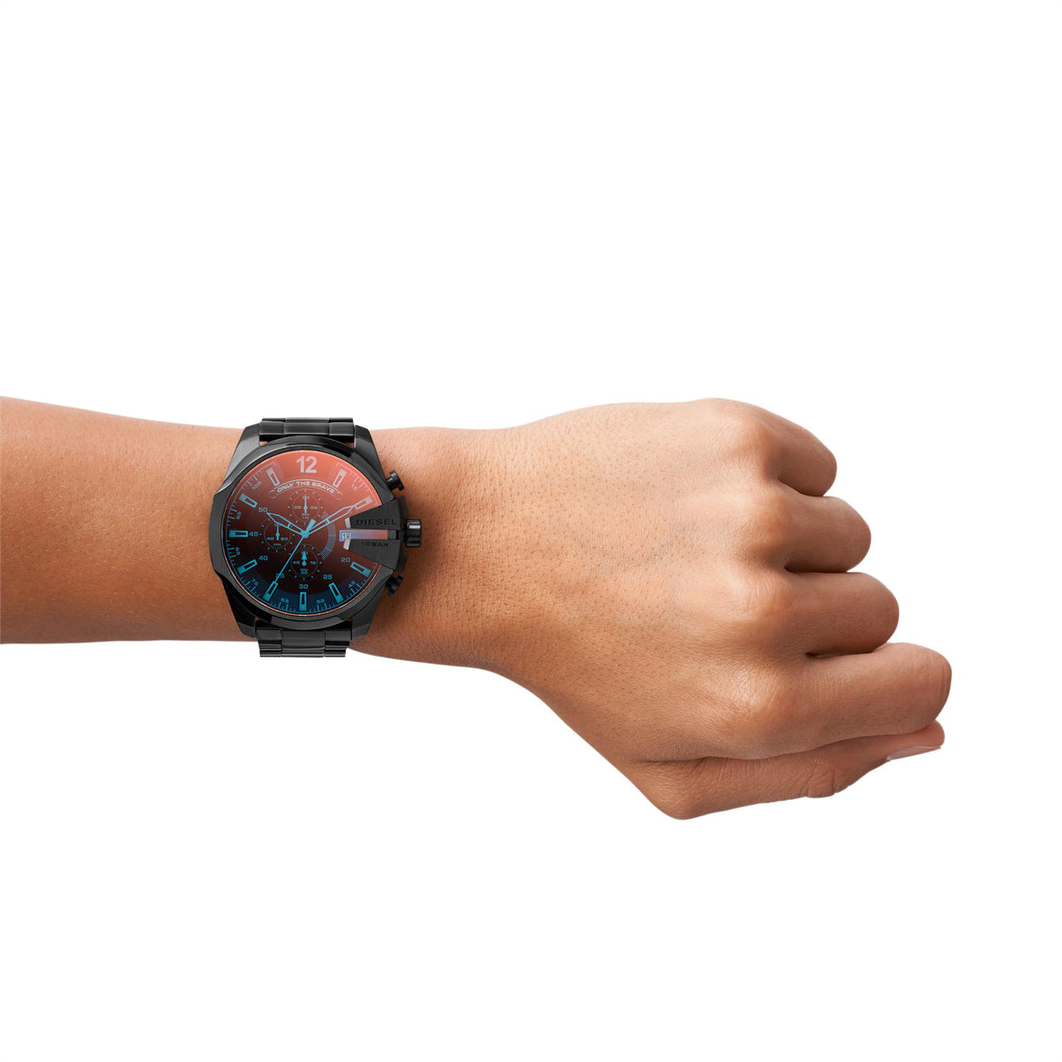 Men's wristwatch with black dial and blue accents, metal bracelet, chronograph-style design