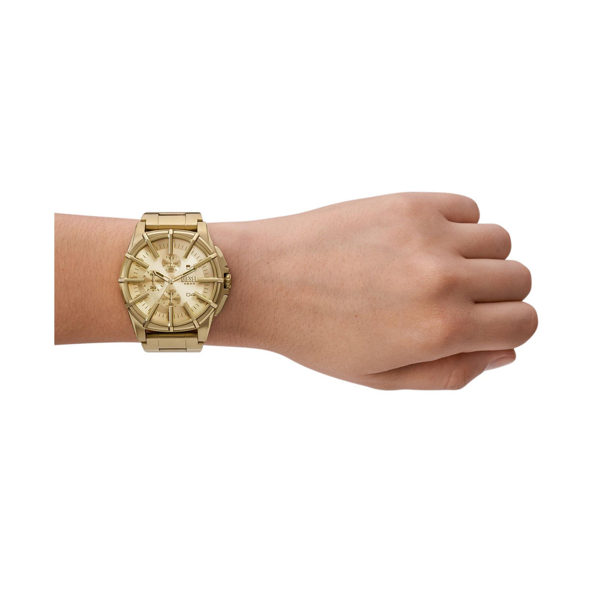 Gold dial chronograph quartz watch on wrist with gold-tone steel bracelet, Diesel