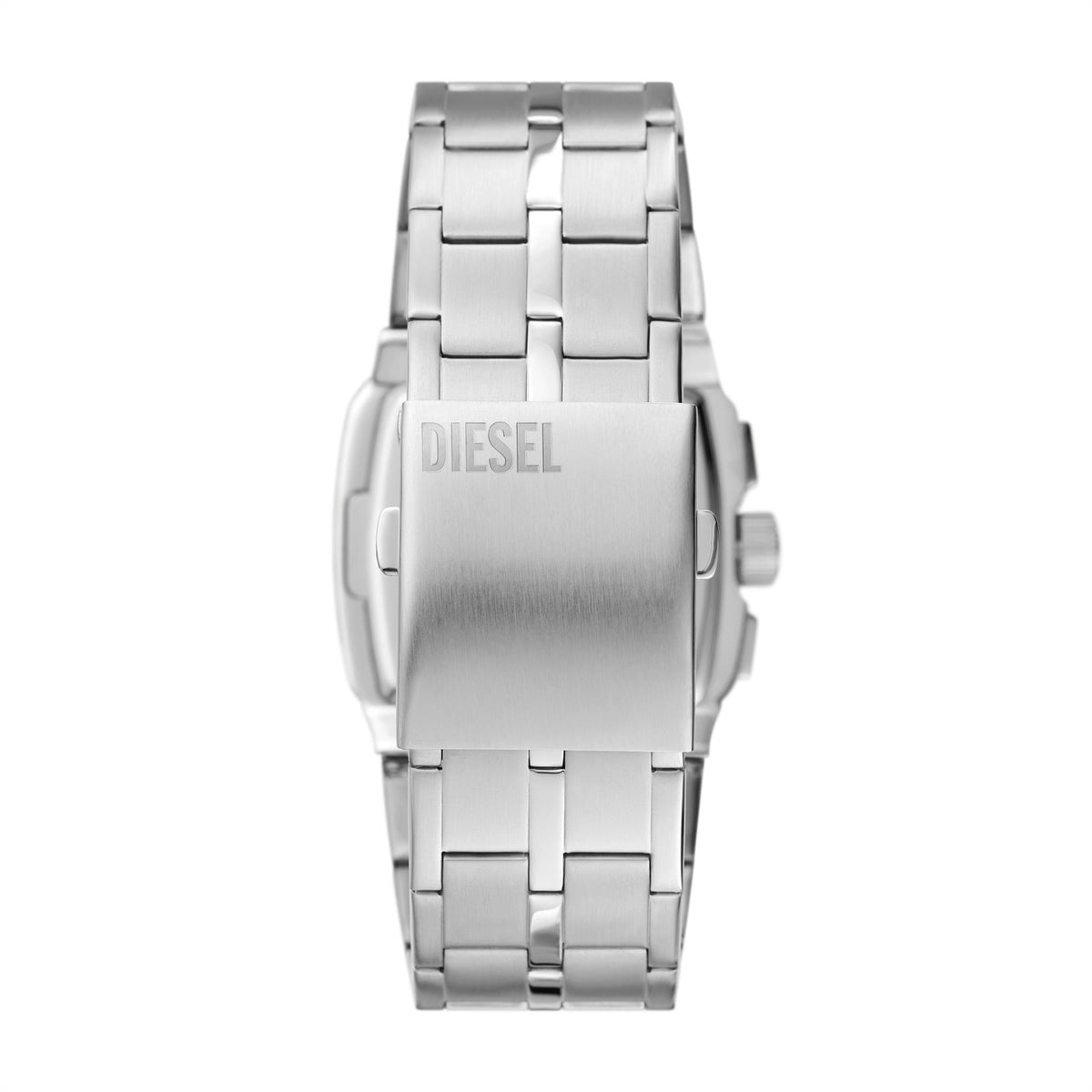 Men's steel chronograph watch back view with bracelet links and DIESEL engraving