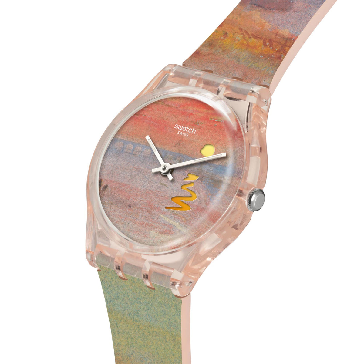 Side view multicolor dial silicone strap watch with clear case and visible crown