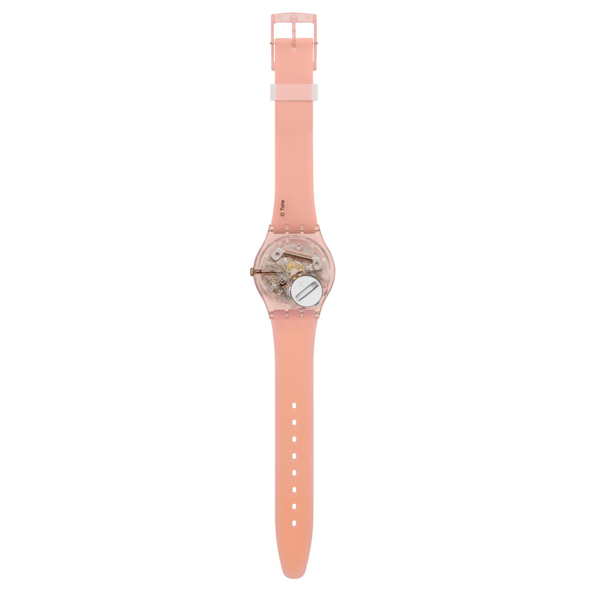 Pink silicone strap watch with clear round case and multicolor dial