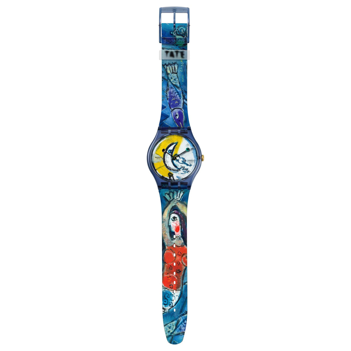 Blue Swatch silicone strap watch, long strap view with clasp at top