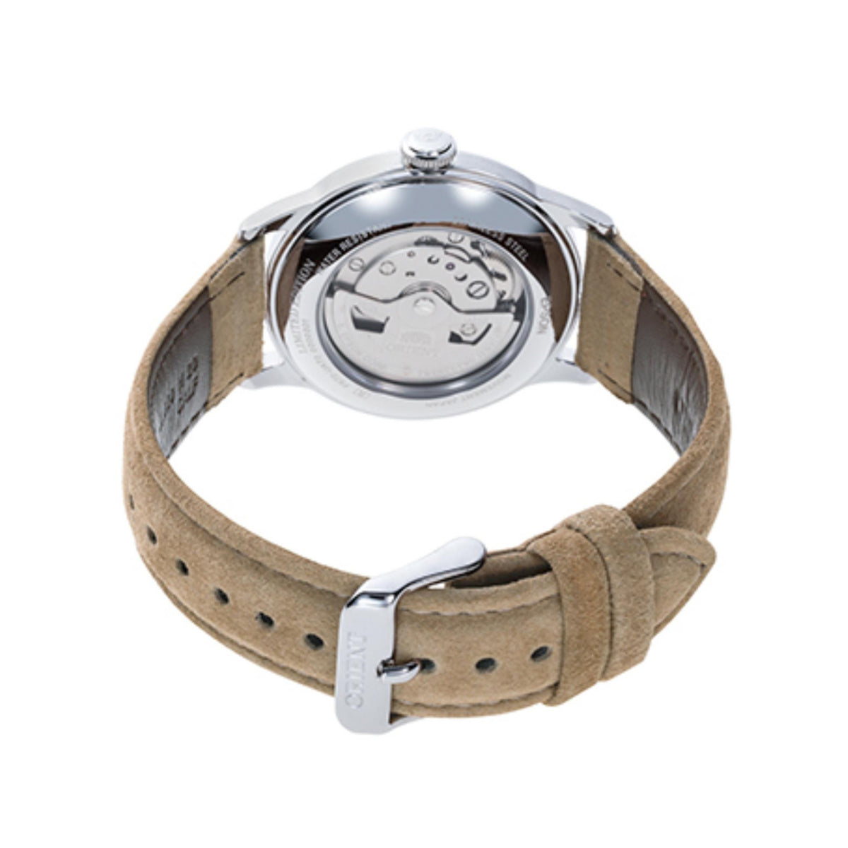 Automatic watch caseback with exhibition-style window and brown leather strap