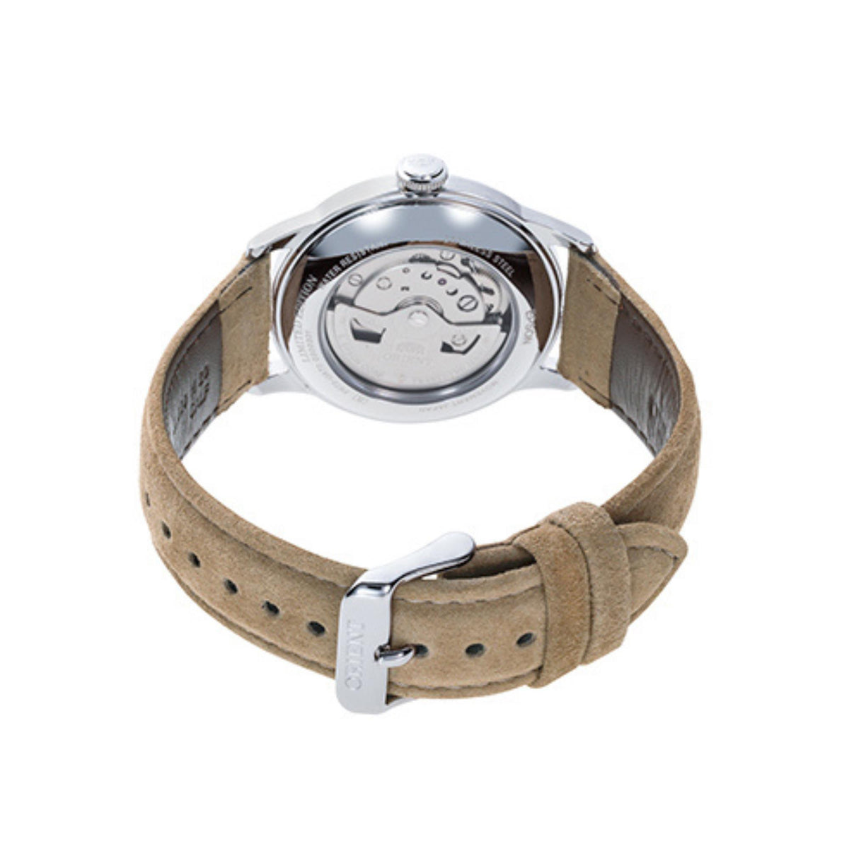 Men's automatic wristwatch with brown leather strap and silver buckle clasp
